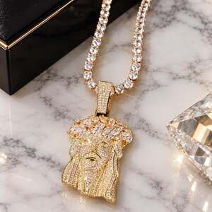 Gold Iced Out Jesus Pendant Tennis Chain Necklace – 20”